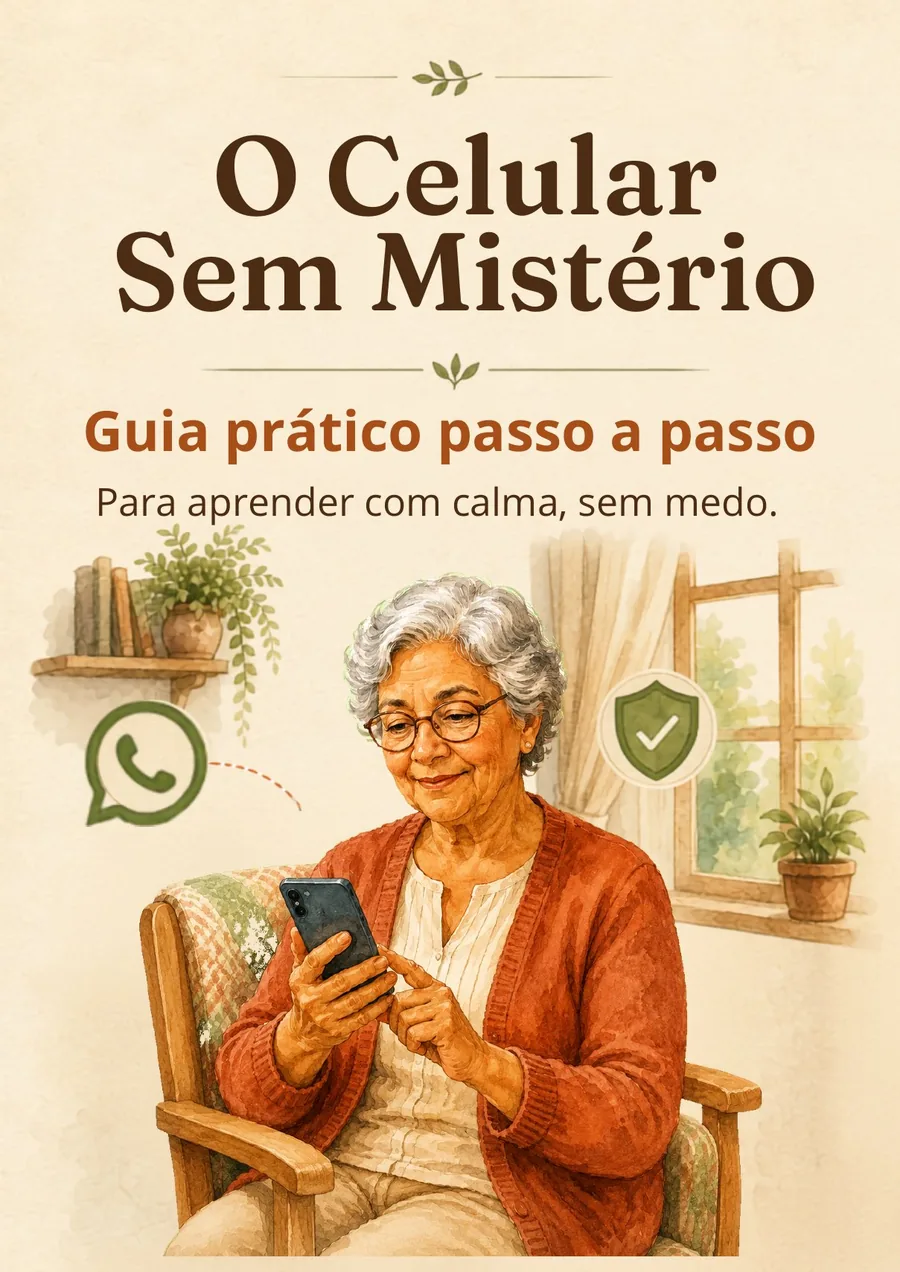 Capa do livreto O Celular Sem Mistério, ilustração em aquarela de uma senhora usando o celular